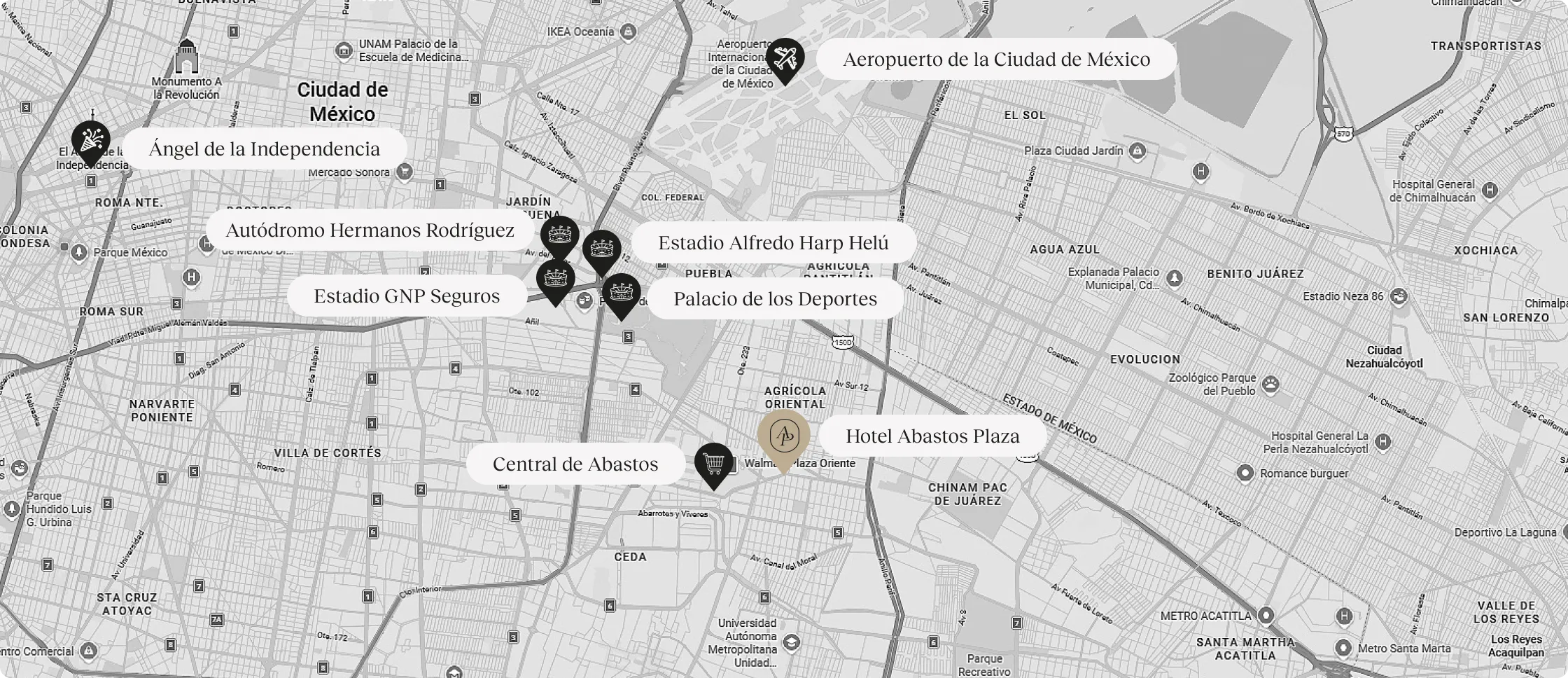Mapa de la zona con el Hotel Abastos Plaza y puntos de interés